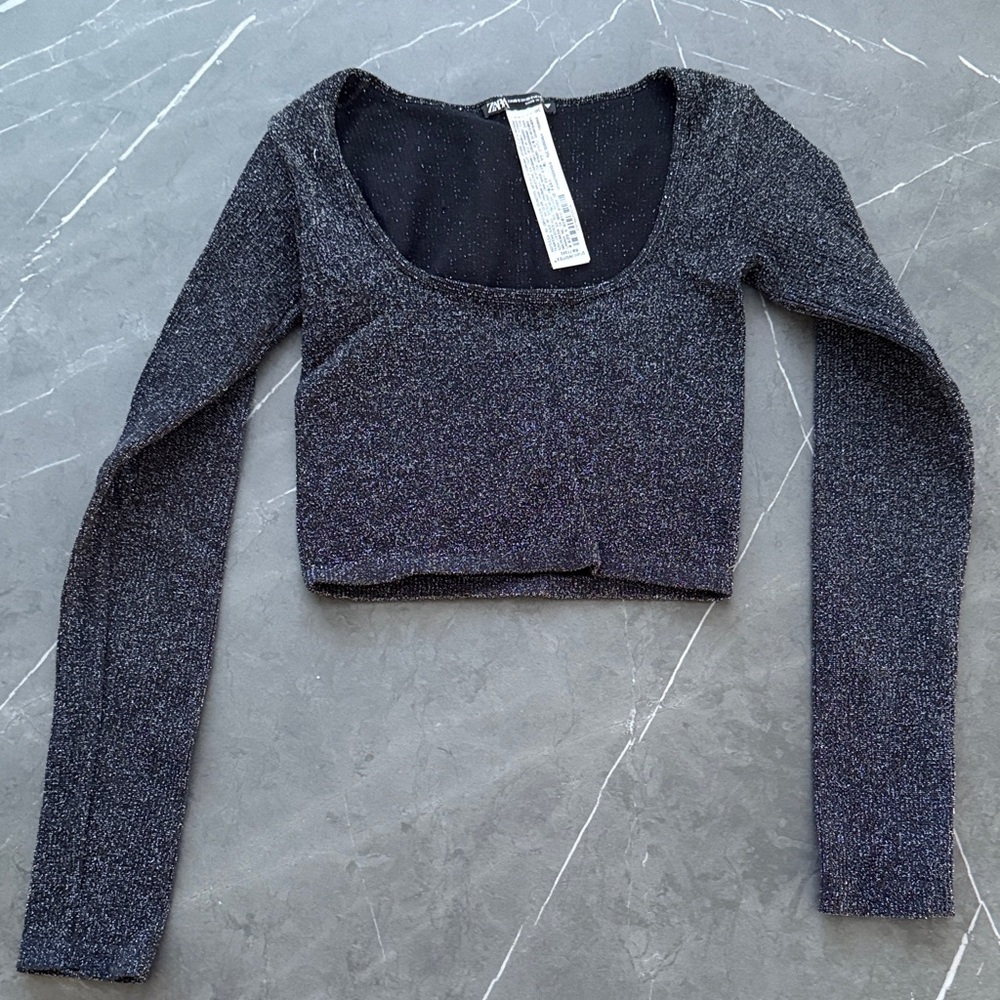 Elegant Ribbed Black Glitter Women's Crop Top